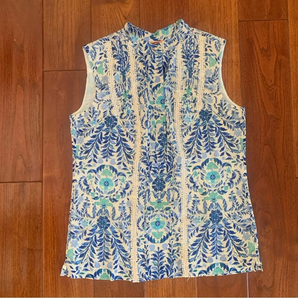 Tory Burch Top Size 2 Silk Floral Print Pompom Trim Button Up Blouse Blue White